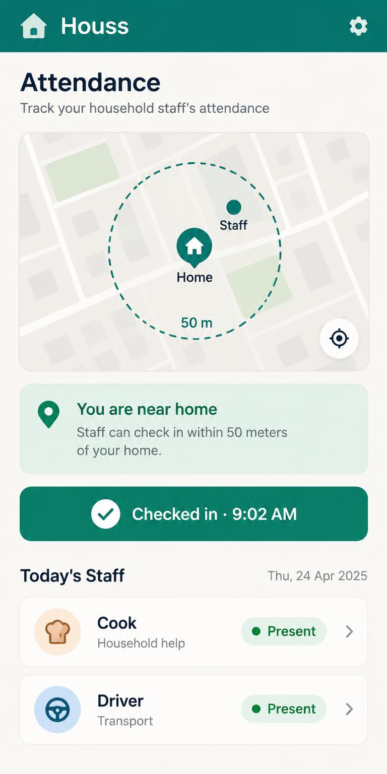 Houss — GPS check-in near home (about 50 m)